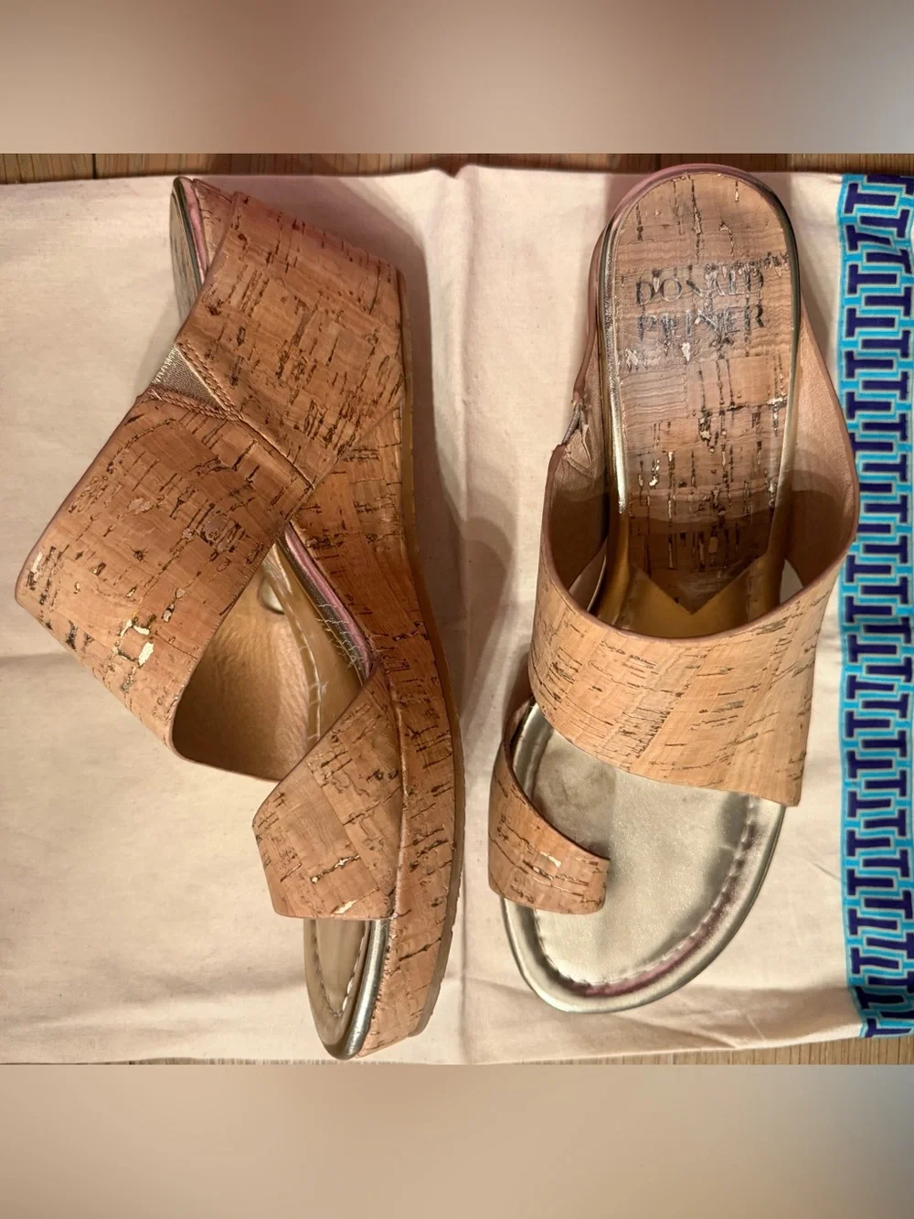 Donald J. Pliner Cork Wedge Slide Sandal in Cork with gold metallic flakes